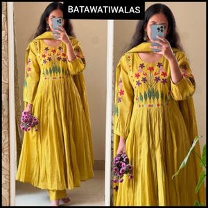Original Cotton Anarkali Embroidered Kurta Pant Designer Suit Comfortable Readymade Salwar Kameez Casual Elegant Ethnic Dress Yellow Women