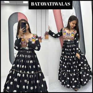 Black Pure Cotton Long Flaire Anarkali Dress Indian Wedding Wear Gown Anarkali Long Gown Navratri Dress , Dandiya Garba Outfit Polka Dot