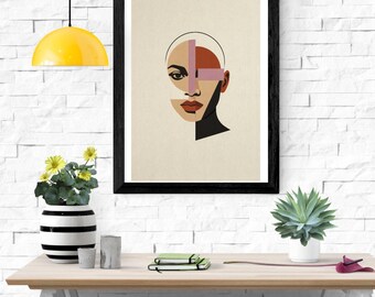 Lámina decorativa abstracta con rostro de mujer, retrato femenino geométrico, decoración Bauhaus Boho, arte moderno en terracota neutra, lámina de mujer negra