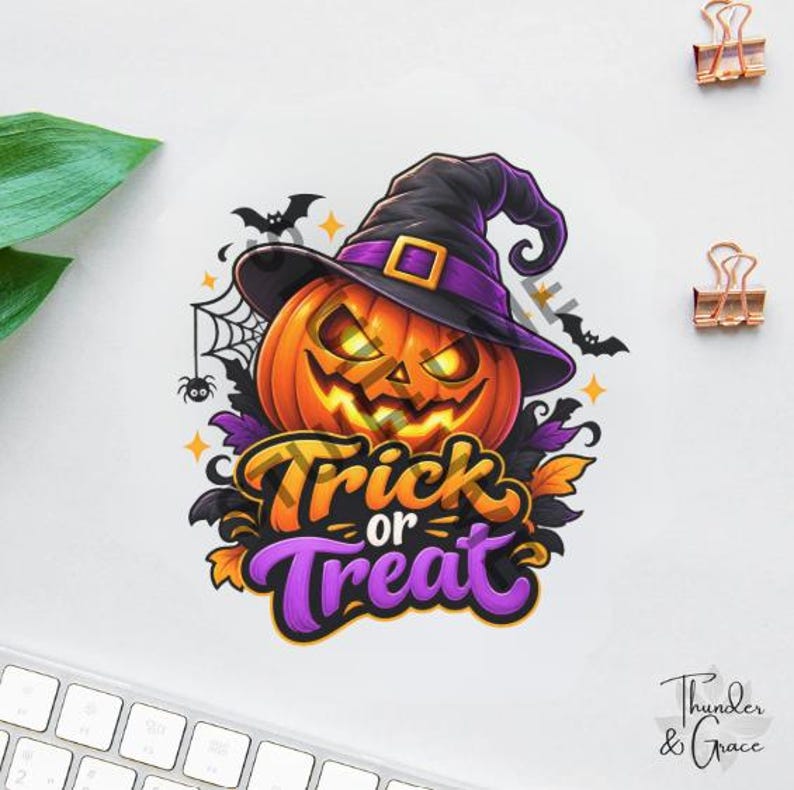 Puede incluir: Una pegatina que muestra una calabaza de Halloween naranja brillante con un sombrero de bruja negro y una banda morada. Debajo de la calabaza, el texto Trick or Treat est&aacute; escrito en letras naranjas y moradas, rodeado de telara&ntilde;as, murci&eacute;lagos y hojas.