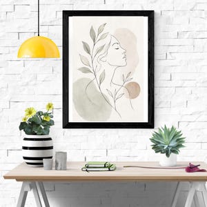 Boho Woman Line Art, Botanical Girl Print, Sage Green Wall Art, Minimalist Woman, Floral Line Drawing, Neutral Wall Decor, Digital Download image 2
