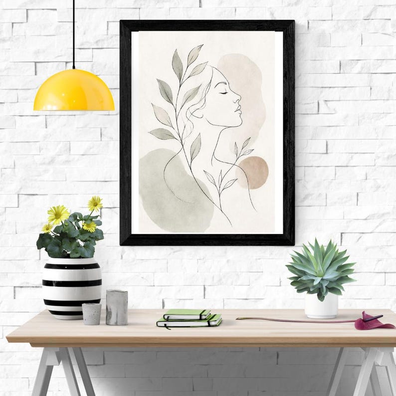 Boho Woman Line Art, Botanical Girl Print, Sage Green Wall Art, Minimalist Woman, Floral Line Drawing, Neutral Wall Decor, Digital Download image 2