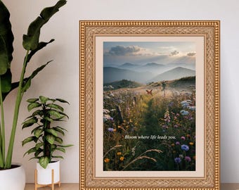 人生が導くところを花咲かせよう ワイルドフラワー草原のウォールアート、蝶の自然に関する引用プリント、コテージコア風景ポスター、花柄装飾、デジタル