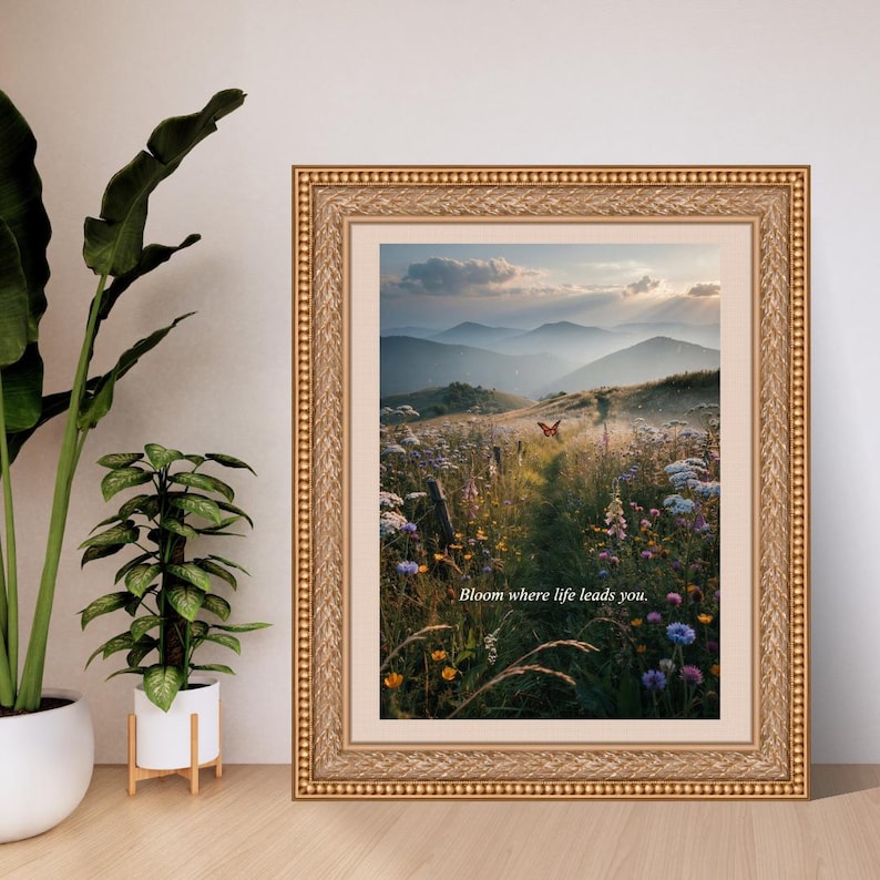 May include: A framed wall art print featuring a landscape of a wildflower meadow at sunset with distant mountains and a butterfly. The text "Bloom where life leads you." is printed in the center. The frame is ornate, metallic gold with a textured border.