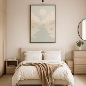 Flodflöde, minimalistisk landskapstryck, Japandi lugn inredning för sovrum, digital nedladdning, naturväggkonst, landskapstryck bild 5