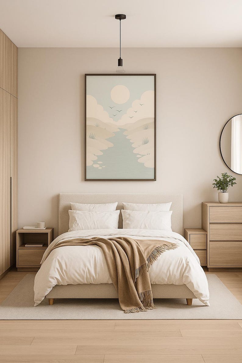 Flodflöde, minimalistisk landskapstryck, Japandi lugn inredning för sovrum, digital nedladdning, naturväggkonst, landskapstryck bild 5
