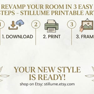 Pu&ograve; includere: Grafica beige con il testo &laquo;REVAMP YOUR ROOM IN 3 EASY STEPS - STILLUME PRINTABLE ART&raquo;. I passaggi sono scaricare, stampare e incorniciare. &Egrave; incluso anche il testo &laquo;YOUR NEW STYLE IS READY!&raquo;, insieme all'URL del negozio Etsy.