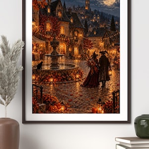 May include: A framed wall art print depicting a nighttime autumn village scene with a central stone fountain, glowing lanterns, pumpkins, and two figures in period clothing walking on a cobblestone square under a large full moon in the sky.
