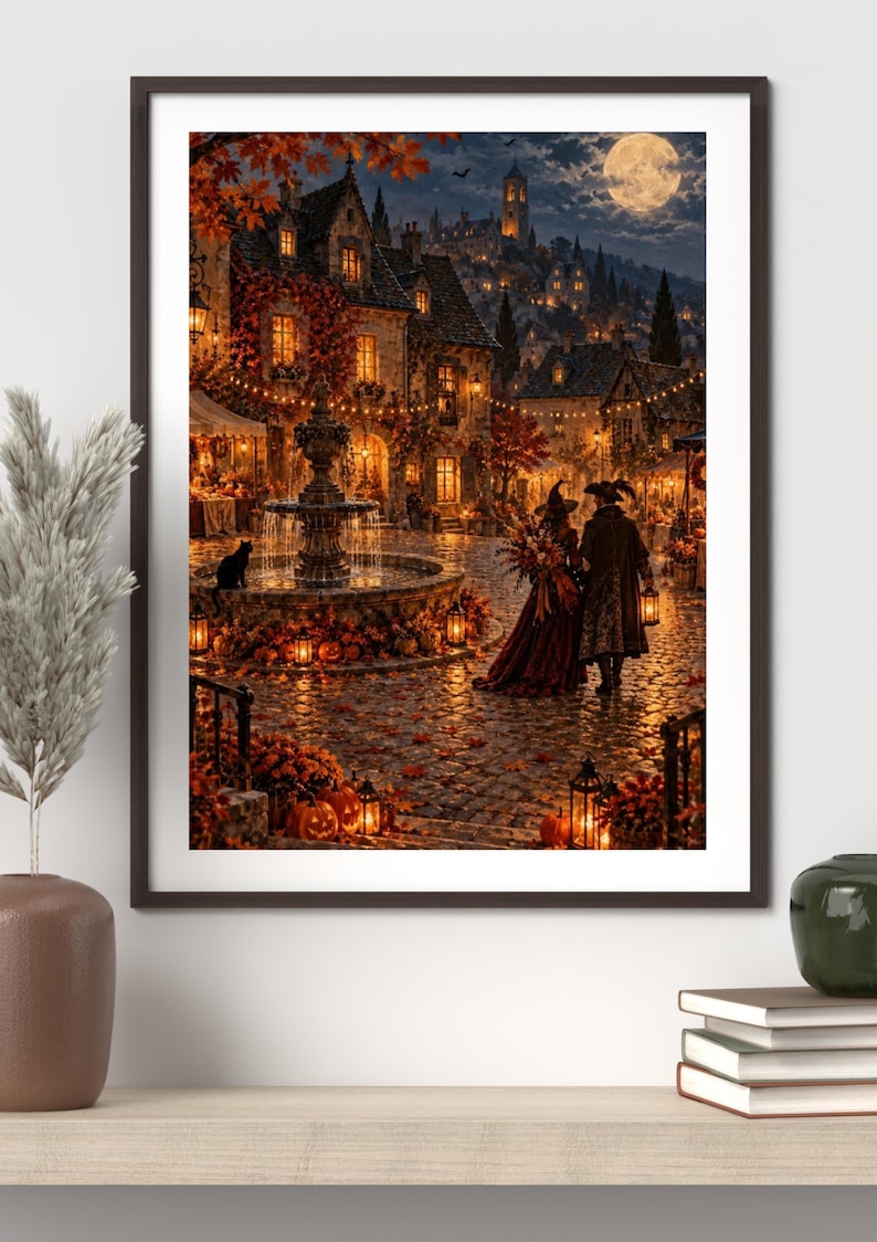 May include: A framed wall art print depicting a nighttime autumn village scene with a central stone fountain, glowing lanterns, pumpkins, and two figures in period clothing walking on a cobblestone square under a large full moon in the sky.