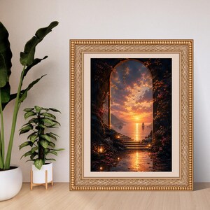 Puede incluir: Una impresi&oacute;n art&iacute;stica enmarcada que muestra un arco de piedra con vistas a una puesta de sol sobre el oc&eacute;ano. La escena incluye escalones de piedra que conducen al agua, linternas brillantes y un velero en el horizonte, en un marco dorado.