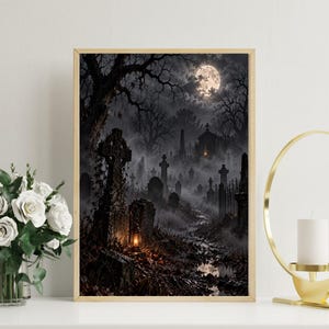 Haunted Cemetery Full Moon Ghosts Print | Gothic Graveyard Wall Art | Spooky Halloween Dark Academia Decor Foggy Night Scene immagine 2