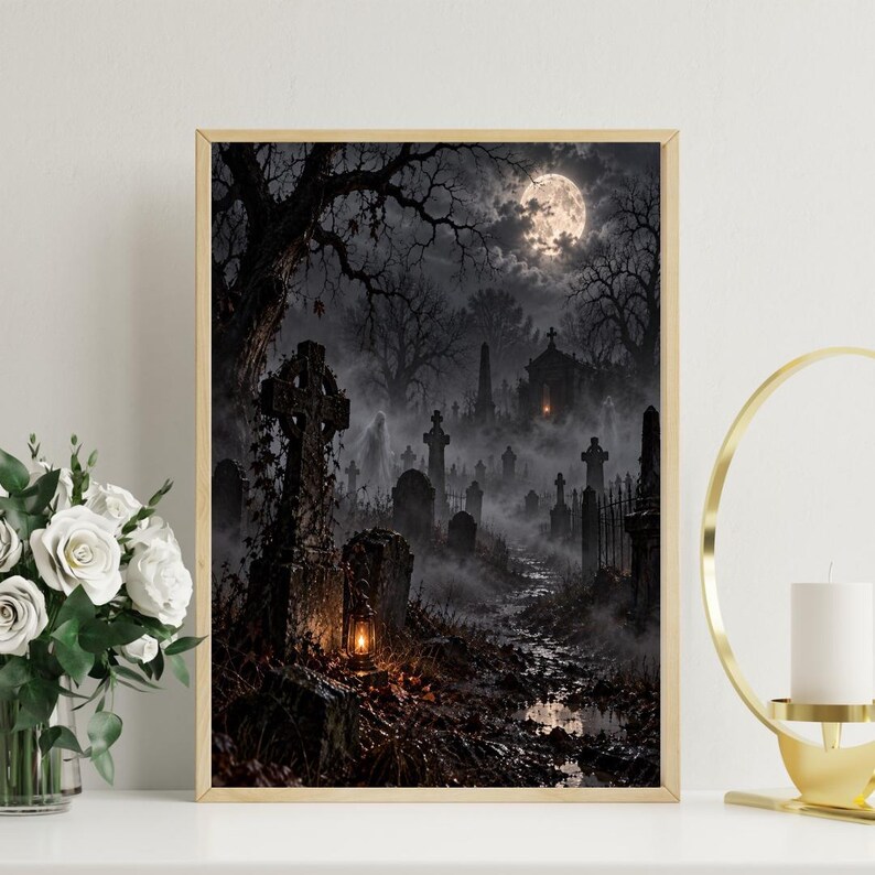 Haunted Cemetery Full Moon Ghosts Print | Gothic Graveyard Wall Art | Spooky Halloween Dark Academia Decor Foggy Night Scene immagine 2