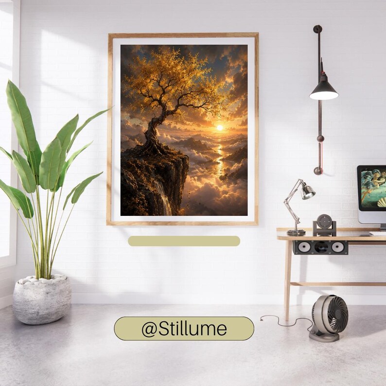 Pu&ograve; includere: Una stampa artistica da parete rettangolare che raffigura un paesaggio con un albero dorato appollaiato sul bordo di una scogliera rocciosa che si affaccia su un tramonto sopra nuvole e montagne. L'opera &egrave; incorniciata in legno chiaro e mostra il testo @Stillume.