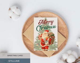 ヴィンテージサンタクロースのクリスマスカード、おもちゃとクリスマスツリーを持つレトロなサンタ、ホリデーグリーティングカード、ノスタルジックなクリスマスカード、旧世界のサンタ、クリスマス