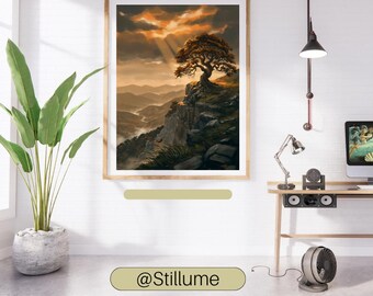 古代の木々が生い茂る崖の夕日の壁画プリント、ドラマチックな山岳風景画、雰囲気のある自然ポスター、暗い黄金色の空の装飾、デジタルダウンロード