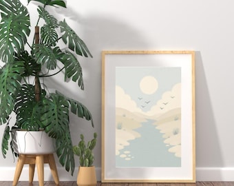 River Flow, Minimalist Landscape Printable Wall Art, Japandi Calm Decor for Bedroom, Digital Download, Nature Wall Art, Landscape Print