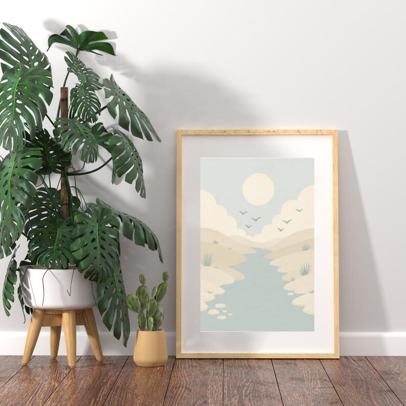Flodflöde, minimalistisk landskapstryck, Japandi lugn inredning för sovrum, digital nedladdning, naturväggkonst, landskapstryck bild 1