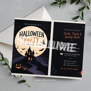 Spooky Halloween Party Invitation Template, Editable Halloween Invite Printable, Haunted House Witch Full Moon Costume Party Invitation Canv image 1