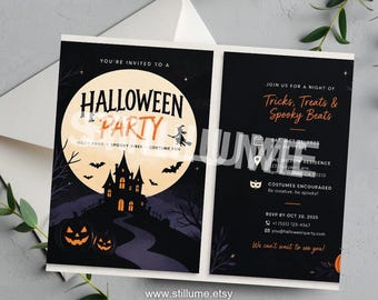 Spooky Halloween Party Invitation Template, Editable Halloween Invite Printable, Haunted House Witch Full Moon Costume Party Invitation Canv