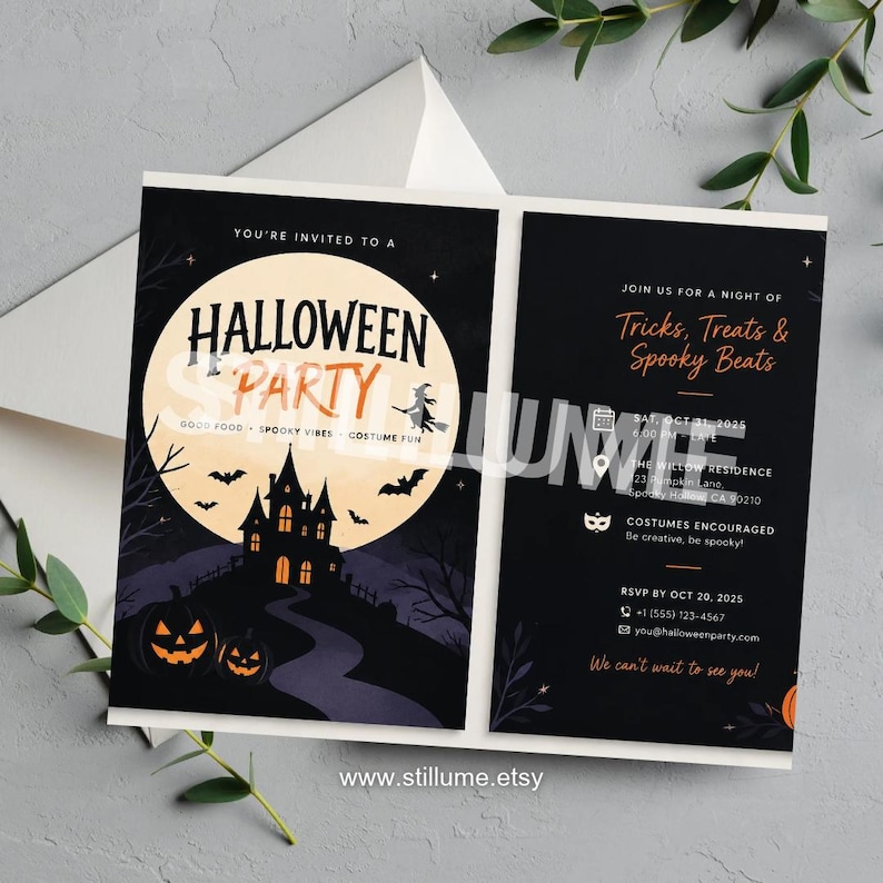 Spooky Halloween Party Invitation Template, Editable Halloween Invite Printable, Haunted House Witch Full Moon Costume Party Invitation Canv image 1
