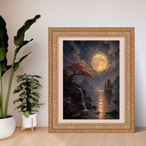 K&ouml;nnte beinhalten: Ein gerahmter Wandkunstdruck, der eine n&auml;chtliche Szene mit einem gro&szlig;en Vollmond, einem dunklen bew&ouml;lkten Himmel, einem silhouettierten Segelboot auf ruhigem Wasser, einer Felsklippe mit Wasserfall und einem Baum mit rosa Bl&uuml;ten zeigt.