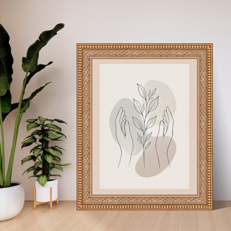 Hands Plant Line Art, Botanical Hands Print, Boho Nature Wall Art, Minimalist Plant Art, Neutral Boho Print, Printable Line Art immagine 3