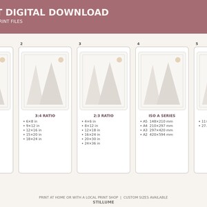 Pu&ograve; includere: Guida alle dimensioni di stampa per download digitali. L'immagine mostra cinque diverse opzioni di rapporto di stampa: 4:5, 3:4, 2:3, ISO A Series e 11x14. Ogni rapporto include varie opzioni di dimensioni in cm e pollici.