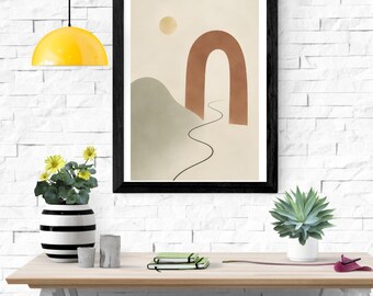 Abstrakt landskapsbåge väggkonsttryck, terrakotta salviagrönt bohotryck, minimalistisk solposter, mitten av århundradet modern inredning, digital nedladdning