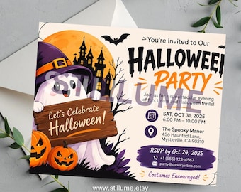 Cute Ghost Halloween Party Invitation Template, Spooky Witch Hat Printable Invite, Editable Kids Halloween Party Canva, Spooktacular Invite