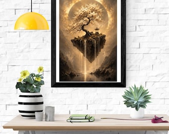 Muurdecoratie met een drijvend eiland en bloesemboom, fantasievol zen-pagode-maan schilderij, surrealistische natuurposter met waterval, mystieke decoratie, print
