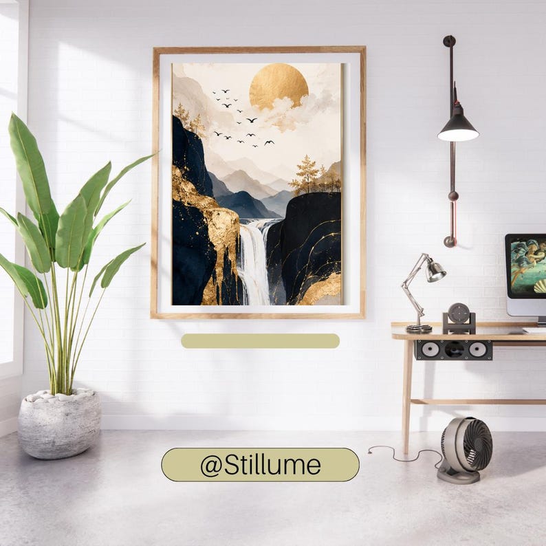 May include: A framed wall art print featuring a landscape with dark blue mountains, a white waterfall, and gold foil accents. The scene includes a large gold sun, scattered clouds, and a flock of birds flying across a light beige sky background.