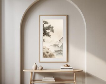 穏やかな禅の山の風景アートプリント、ミニマリストの木のウォールアート、ニュートラルな自然のプリント、デジタルダウンロード、リビングルームの寝室の装飾