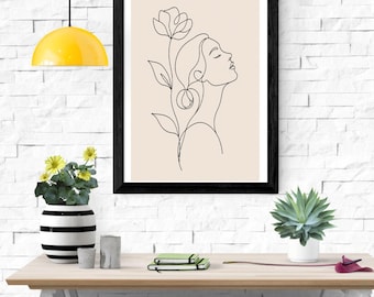 Woman Flower Line Art Print, Minimalist Feminine Wall Decor, Boho One Line Drawing, Neutral Cream Floral Portrait Poster, Digital