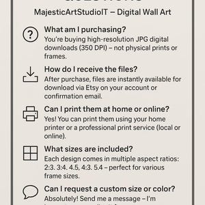 May include: A cream-colored graphic with the text "FREQUENTLY ASKED QUESTIONS" and answers about digital art downloads. Includes information on file types, printing options, and commercial use. The Etsy shop name is MajesticArtStudioIT.