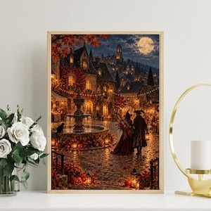 May include: A framed wall art print depicting a nighttime autumn scene in a European-style village square. A stone fountain sits in the center, surrounded by pumpkins, glowing lanterns, and a couple walking. A full moon illuminates the dark sky.
