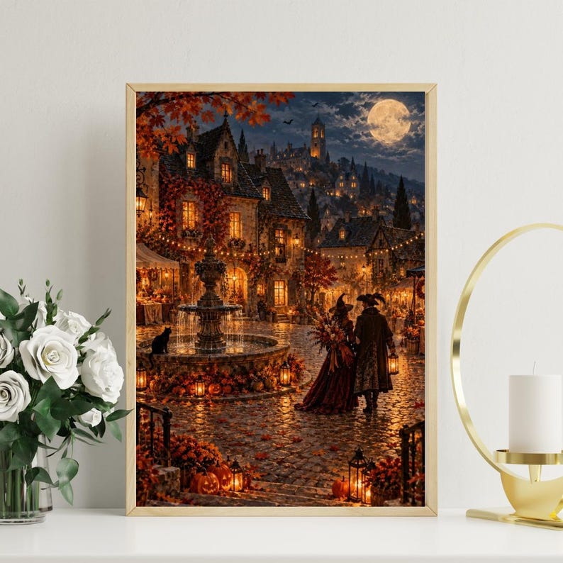 May include: A framed wall art print depicting a nighttime autumn scene in a European-style village square. A stone fountain sits in the center, surrounded by pumpkins, glowing lanterns, and a couple walking. A full moon illuminates the dark sky.