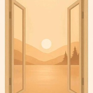 May include: An open window illustration with a view of a sunset over a lake and mountains. The artwork features a warm color palette of oranges and browns, with a bright sun and silhouetted trees. The window frame is a light wood color.