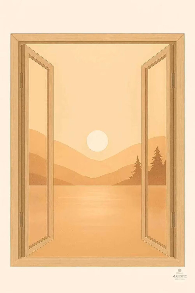 May include: An open window illustration with a view of a sunset over a lake and mountains. The artwork features a warm color palette of oranges and browns, with a bright sun and silhouetted trees. The window frame is a light wood color.