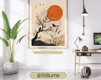日本の桜と鳥の壁掛けアートプリント、ジャパンディテラコッタサンポスター、アジアンインクネイチャーデコレーション、ミニマリスト禅風景、デジタル