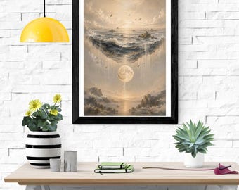シュールな浮遊する海の月のウォールアートプリント、夢のような天体風景画、ファンタジーな自然装飾、高級ニュートラルアートポスター、ダウンロード