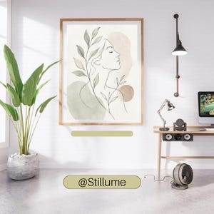 Boho Woman Line Art, Botanical Girl Print, Sage Green Wall Art, Minimalist Woman, Floral Line Drawing, Neutral Wall Decor, Digital Download image 1