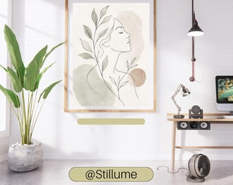 Boho Woman Line Art, Botanical Girl Print, Sage Green Wall Art, Minimalist Woman, Floral Line Drawing, Neutral Wall Decor, Digital Download