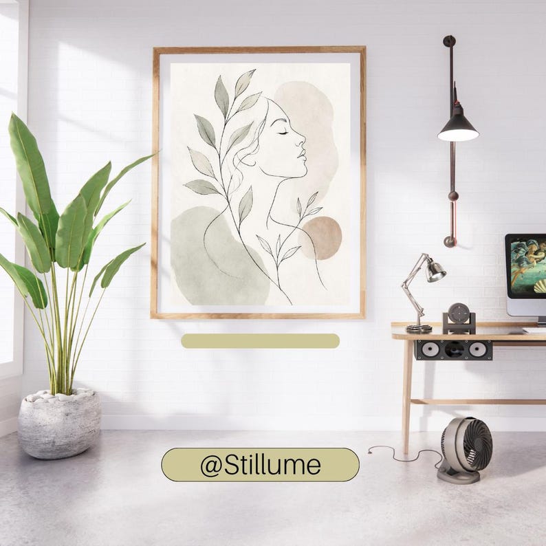 Boho Woman Line Art, Botanical Girl Print, Sage Green Wall Art, Minimalist Woman, Floral Line Drawing, Neutral Wall Decor, Digital Download image 1