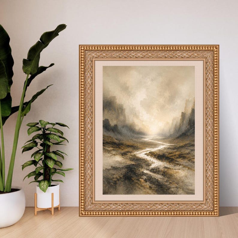 Puede incluir: Un cuadro de paisaje enmarcado que muestra un r&iacute;o serpenteante a trav&eacute;s de un valle monta&ntilde;oso y brumoso en tonos beige, marr&oacute;n y gris. La obra est&aacute; encerrada en un marco dorado, ornamentado y texturizado con un borde de paspart&uacute; claro.