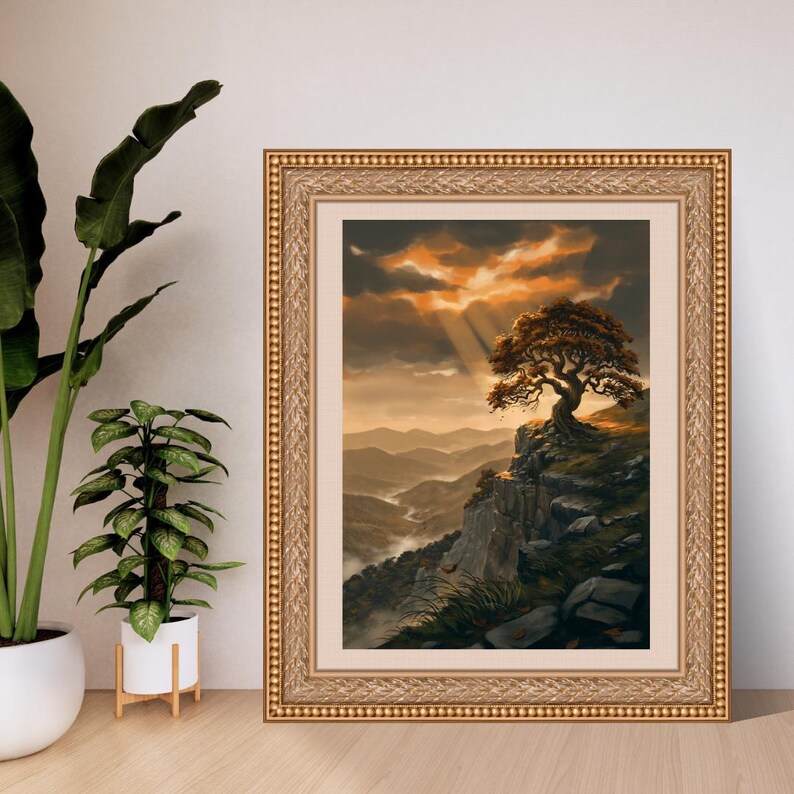 May include: A framed landscape painting featuring a solitary tree perched on a rocky cliff overlooking a valley at sunset. The sky is filled with dramatic orange and dark clouds with light rays shining down. The frame is ornate, metallic, and gold.