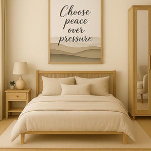 May include: A bedroom scene featuring a wooden bed frame with beige bedding and pillows. A framed artwork with the text "Choose peace over pressure" hangs above the bed. A matching nightstand with a lamp and a wardrobe are also visible.