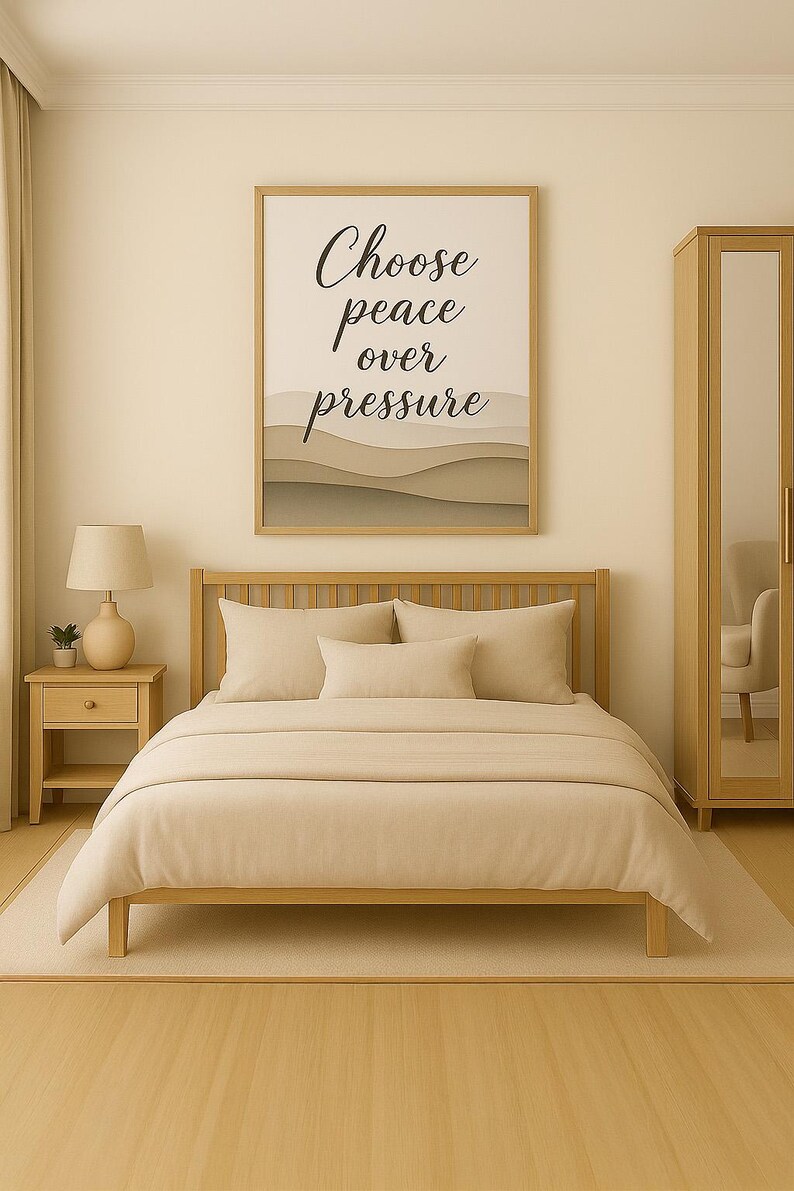 May include: A bedroom scene featuring a wooden bed frame with beige bedding and pillows. A framed artwork with the text "Choose peace over pressure" hangs above the bed. A matching nightstand with a lamp and a wardrobe are also visible.