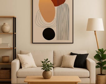 Minimalistische abstracte wandkunst, geometrische print in mid-century modern design, neutrale vormen, digitale download voor Japandi Decor, trendy wandkunst