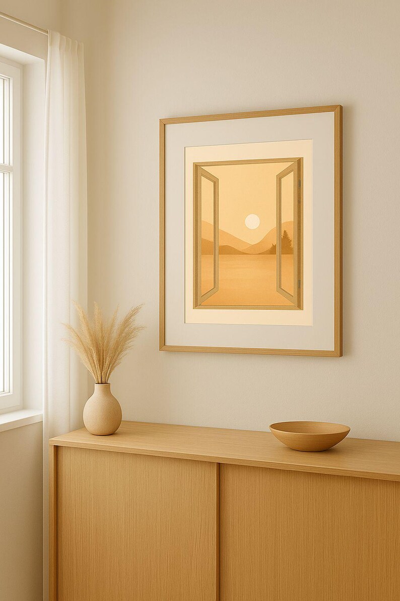 May include: A framed artwork depicts a serene landscape scene through an open window, with a warm, golden color palette. A vase with dried pampas grass and a wooden bowl sit on a wooden cabinet. A window with a white curtain is visible.