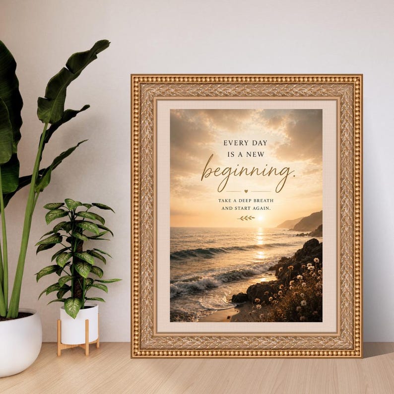 Może przedstawiać: Oprawiony wydruk ścienny przedstawiający zach&oacute;d słońca nad oceanem z tekstem "EVERY DAY IS A NEW beginning. TAKE A DEEP BREATH AND START AGAIN." Rama jest ozdobna, w kolorze złotym i teksturowana, otaczająca jasną ramkę typu passe-partout.